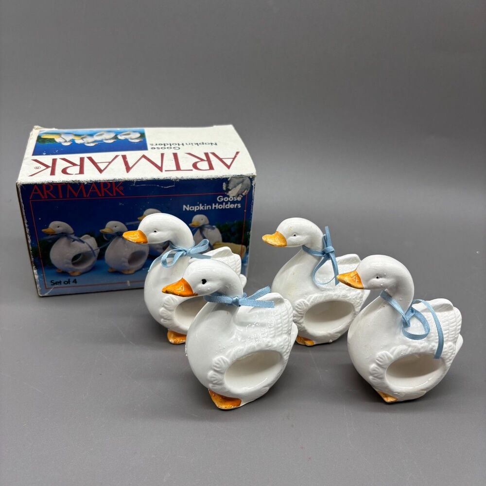 Vintage 1987 Artmark Goose Napkin Holders Set of 4 Taiwan w Box Ceramic